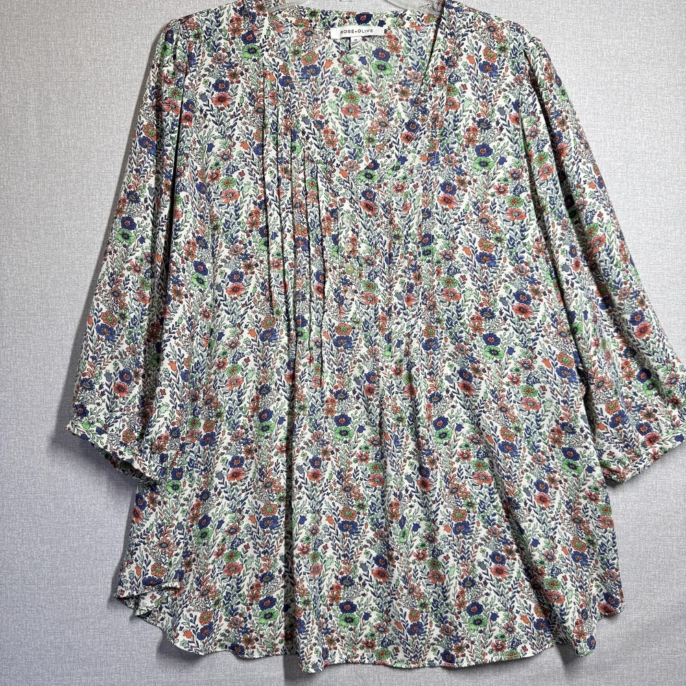 Rose+Olive Blouse Womens 1X Multicolor Floral V Neck 3/4 Sleeve Tunic Top‎ Boho